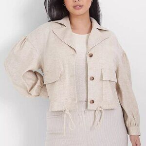 Lane Bryant 20 Puff Sleeve Linen Blend Short Jacket Beige Drawstring Hem FLAW